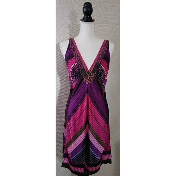A Common Thread Silk Jeweled V-Neck Purple and Pink Geometric Print Dress Size L - Picture 2 of 8